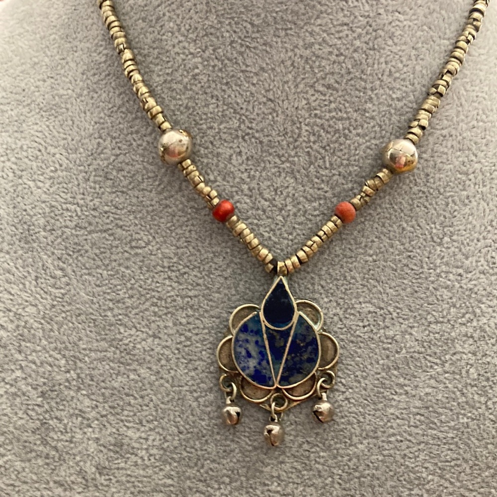 Gold-Tone Blue Stone inlay  Pendant Necklace - Women Jewelry